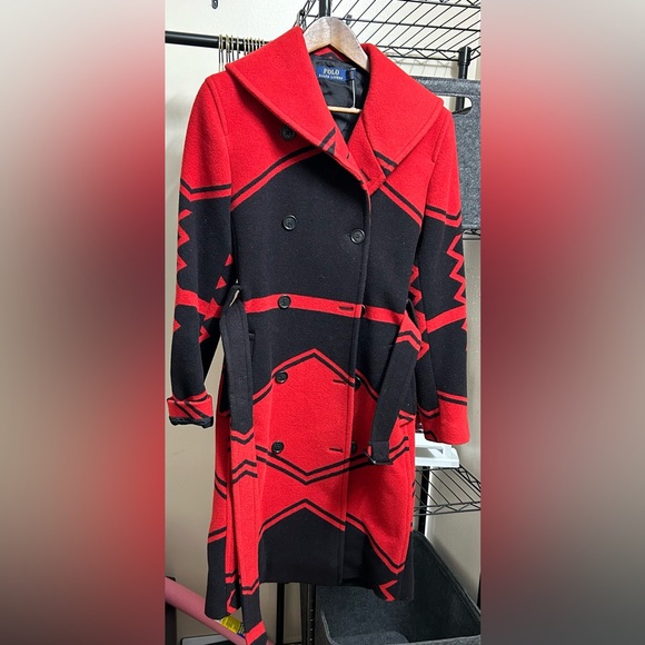 Polo Ralph Lauren Jackets & Blazers - Polo Ralph Lauren Red Black Carlyn Double Breasted Belted Wool Coat -Size 6